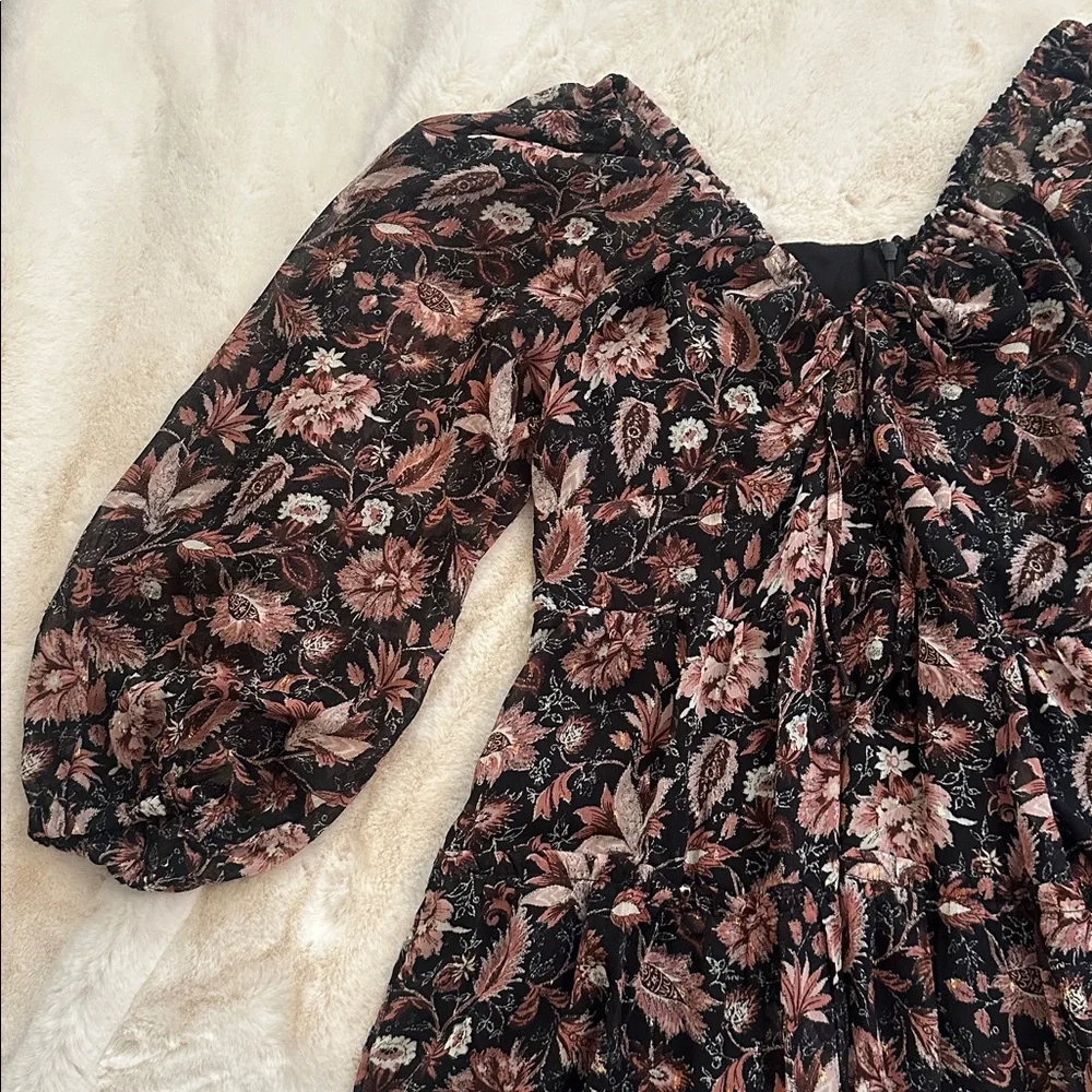 Madewell Black Floral Puff-Sleeve Dress with Pink, Maroon and Cream Blooms, 12 - Picture 2 of 16